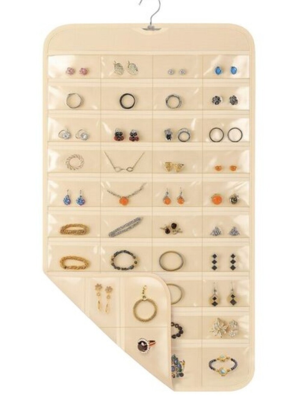 Cream-Colored Double-Sided Hanging Jewelry Organizer